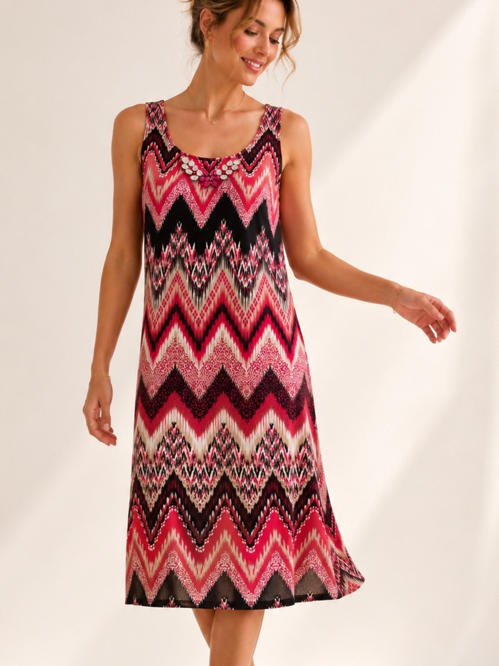 NWT NY Collection Petite Embellished Ikat Shift Dress PXS Pink Black